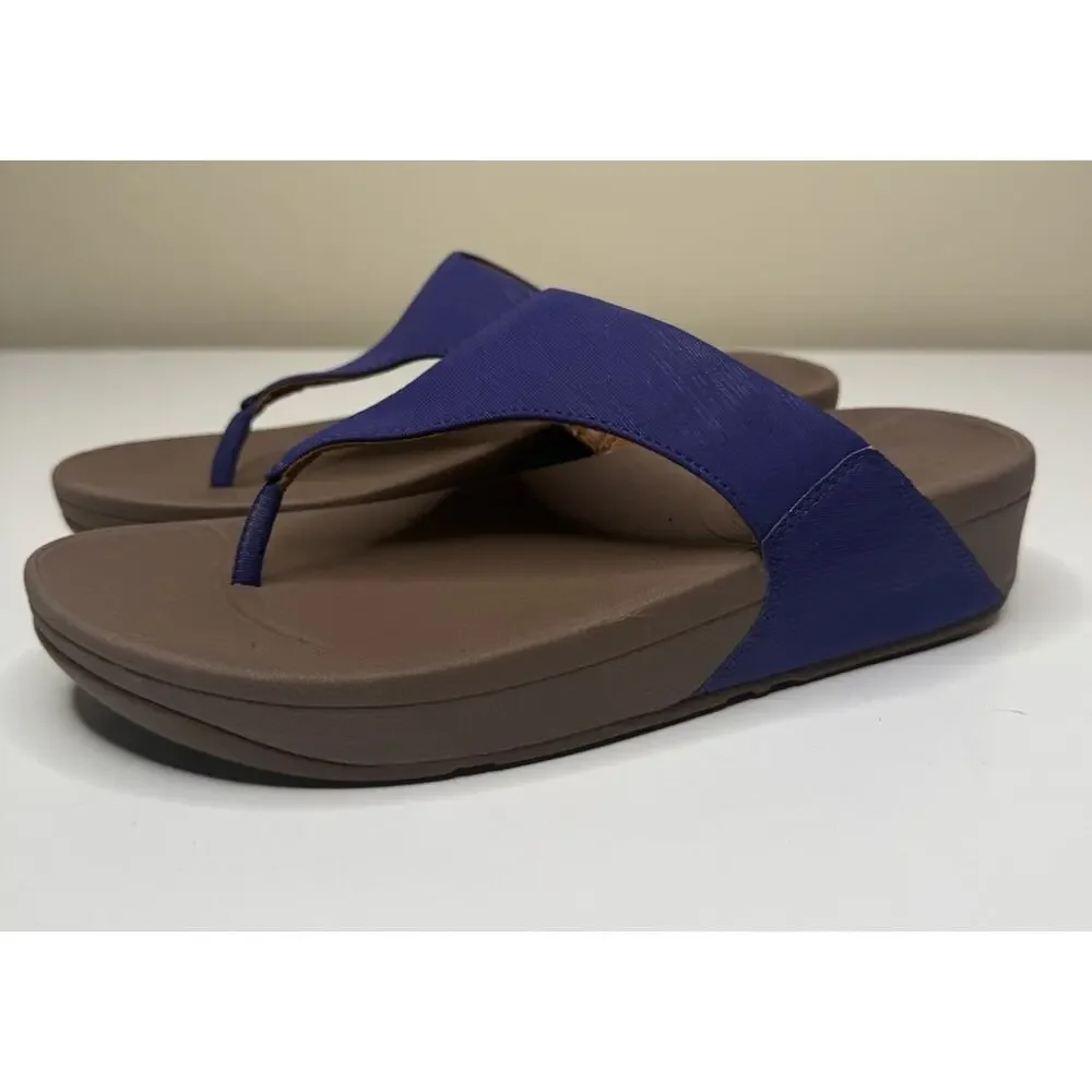 FitFlop LULU Thong Sandal Womens 8 Purple Leather Wedge Toe-Post Slip On Shoes